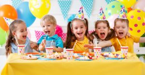 Children's,Birthday.,Happy,Kids,With,Cake,And,Ballons